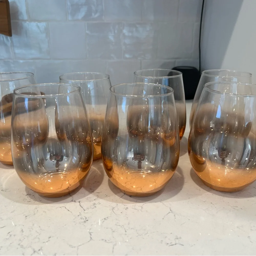 Crate&Barrel copper stemless wine glasses